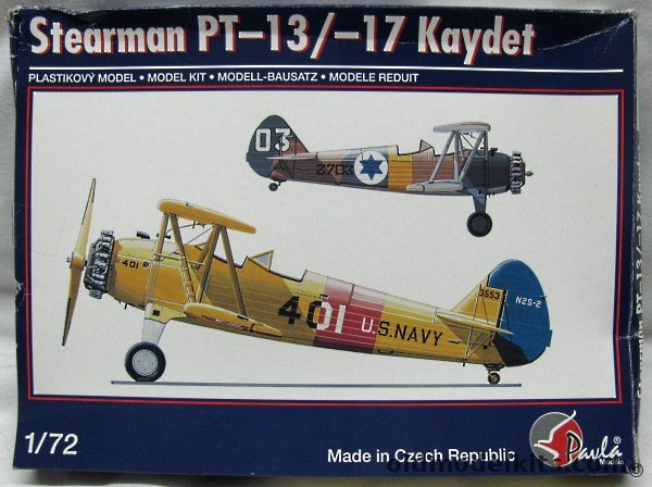 Pavla 1/72 Stearman PT-13 / PT-17 Kaydet - US Navy N2S-2 NAS Pensacola Spring 1941 / US Army Stage Commander Randolph Field Texas 1937 / Israeli Air Force Hertzelia or Kfar Sirkin Base December 1949, 72042 plastic model kit